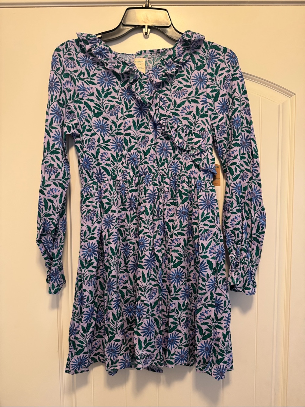 Girls' Floral Ruffle Neck Casual Dress - Blue & Green